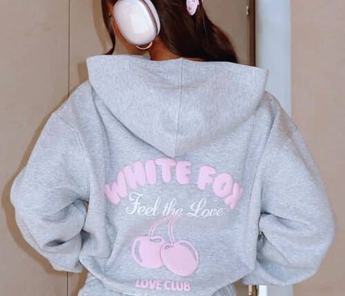 White Fox Hoodie Grey And Pink
