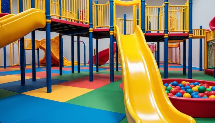 Colorful indoor playground at Whoose Party in Eastpoint Mall Simei with slides, ball pits, and padded flooring.