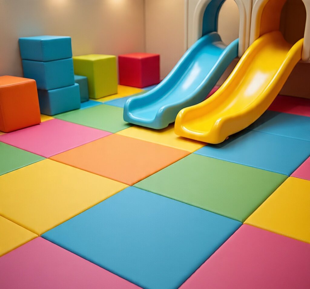 Safe toddler play area at Whoose Party Indoor Playground with mini slides, foam blocks, and padded mats.