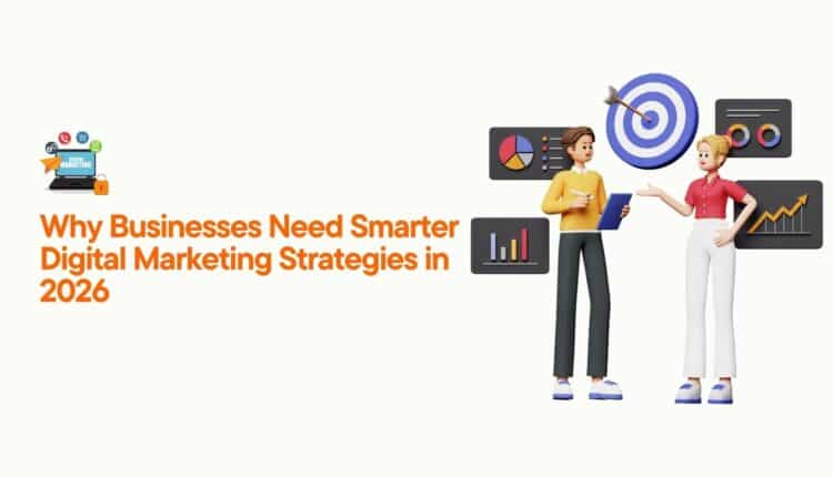 Illustration of two marketing professionals discussing business growth strategies with digital analytics charts and target icons for smarter digital marketing in 2026.