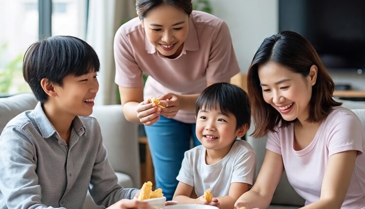 A smiling family in Singapore with their domestic helper at home.