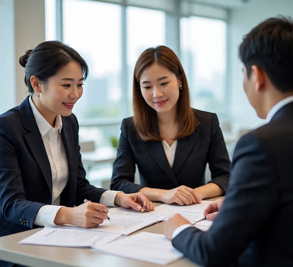 Couple meeting a consultant at a Singapore maid agency office.