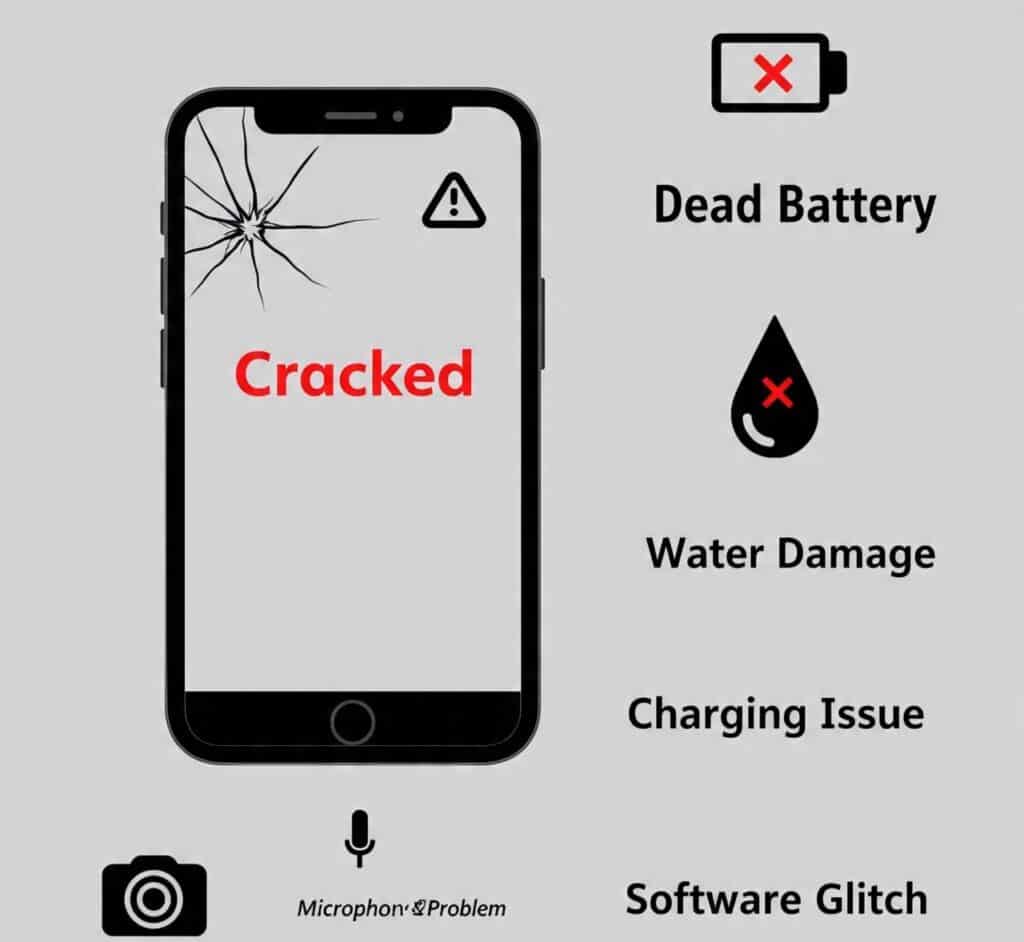 Visual list of common phone issues like cracked screen, water damage, and battery problems