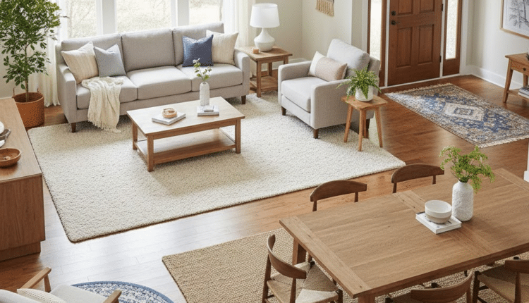 Open-plan living and dining room featuring coordinated area rugs in neutral and blue tones with wooden furniture and soft décor accents.